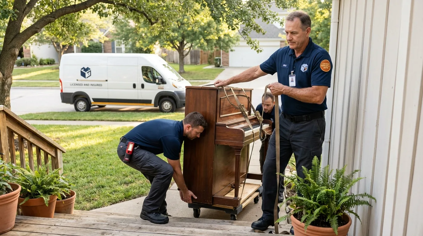 Licensed piano movers securing grand piano in New Middletown, OH
