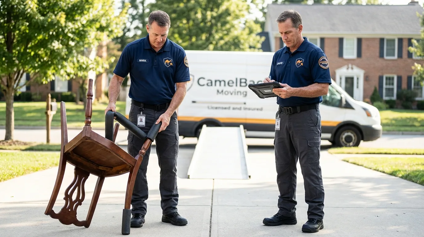 Movers inspecting furniture for damage prevention before loading in New Middletown, OH