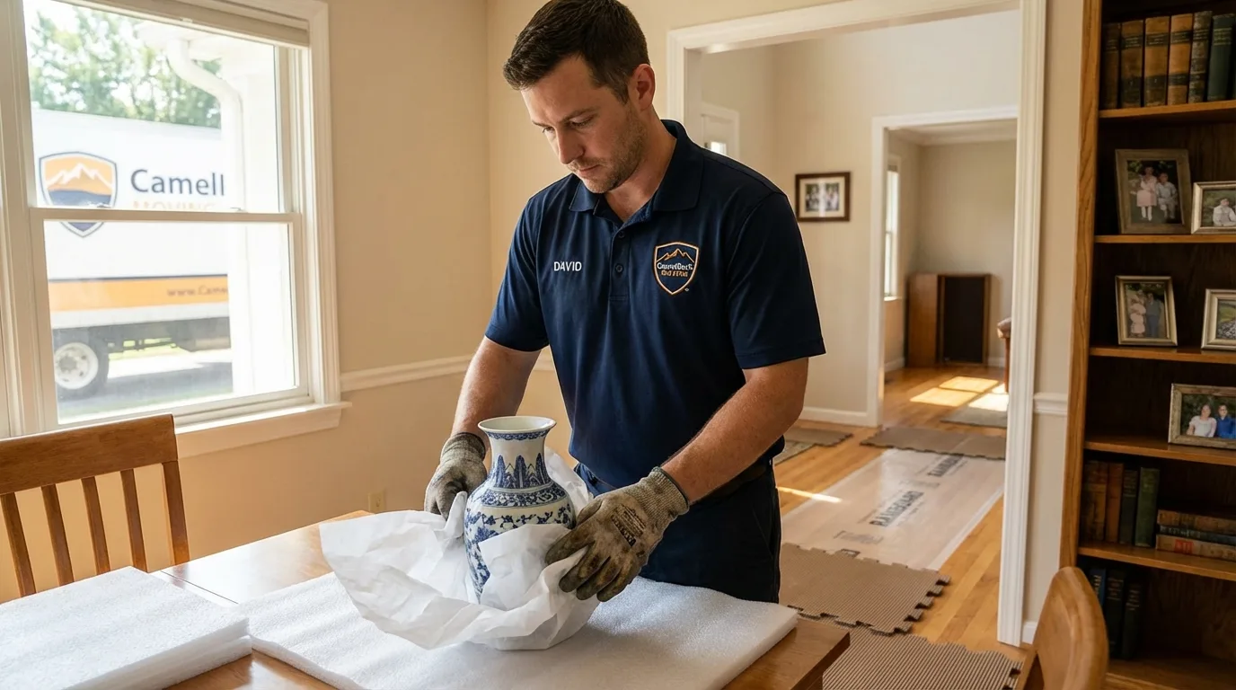 Professional crew carefully wrapping antique vase for senior downsizing move in New Middletown, OH